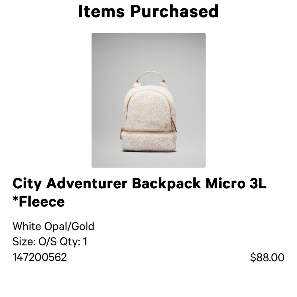 Lululemon Cream Sherpa Backpack with Gold Zippers